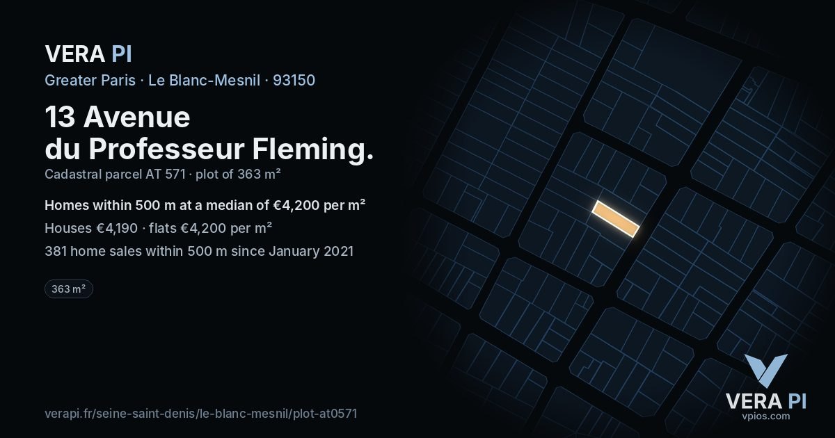 13 Avenue du Professeur Fleming, Le Blanc-Mesnil at night – the plot lit, the parcels around coloured by the prices near them