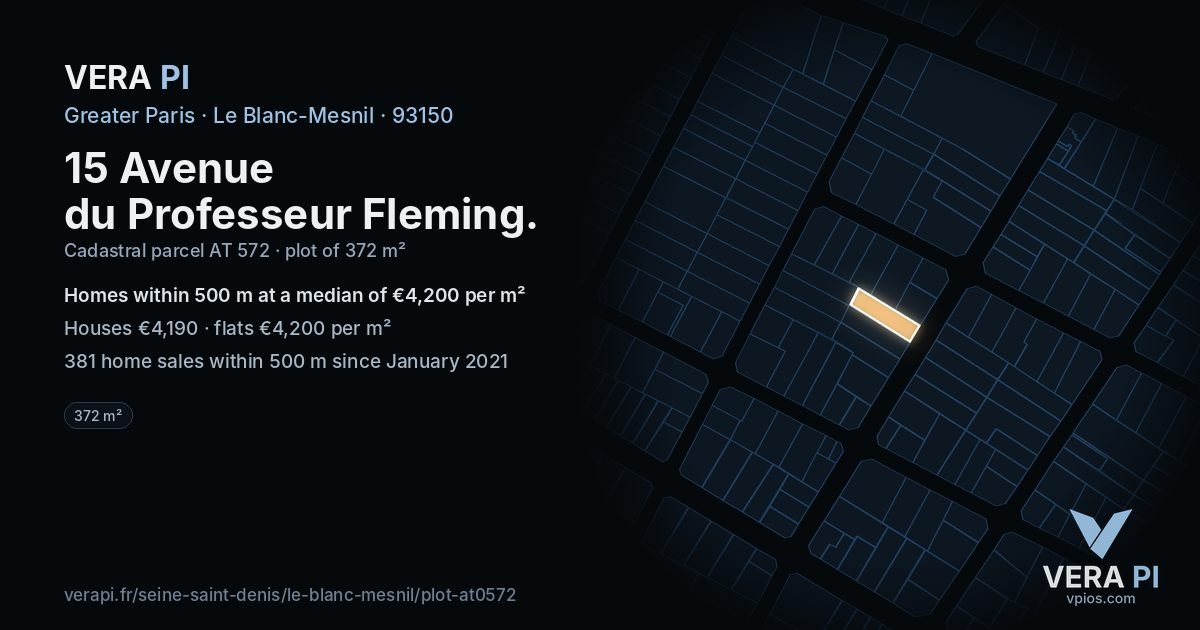 15 Avenue du Professeur Fleming, Le Blanc-Mesnil at night – the plot lit, the parcels around coloured by the prices near them