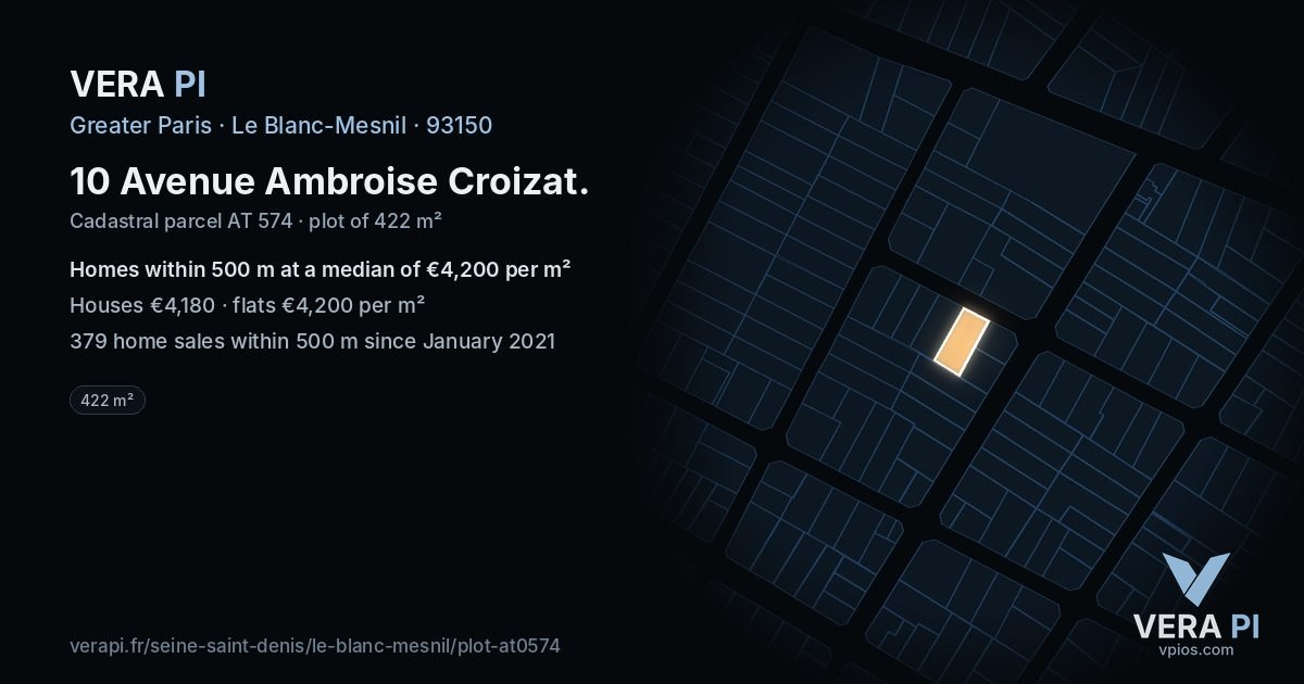 10 Avenue Ambroise Croizat, Le Blanc-Mesnil at night – the plot lit, the parcels around coloured by the prices near them