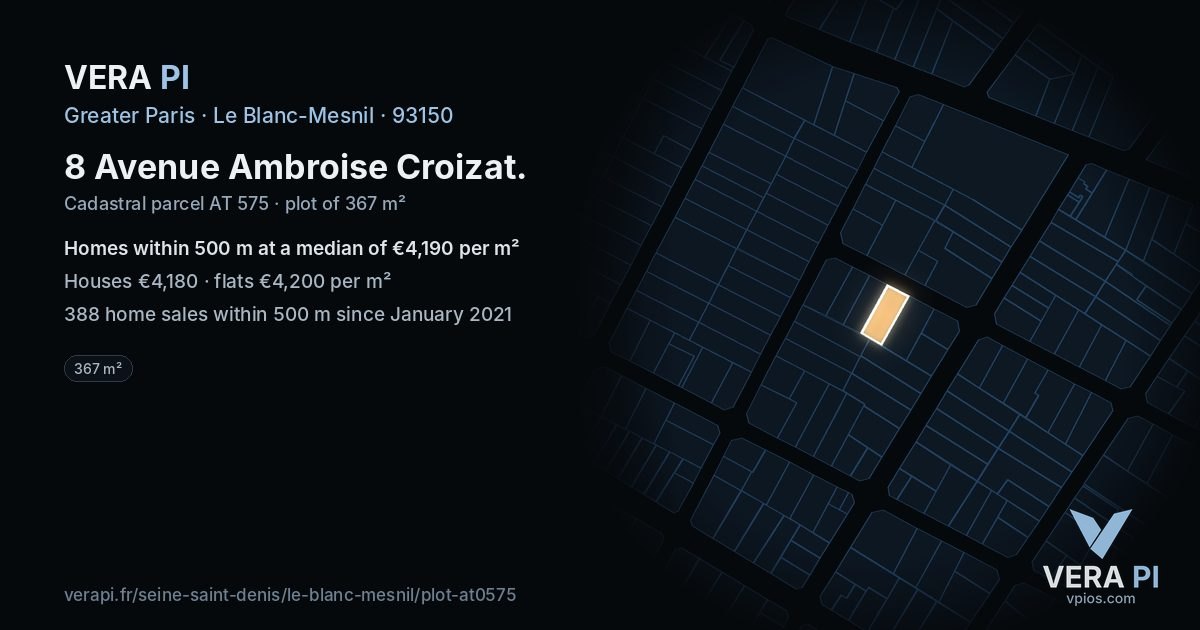 8 Avenue Ambroise Croizat, Le Blanc-Mesnil at night – the plot lit, the parcels around coloured by the prices near them