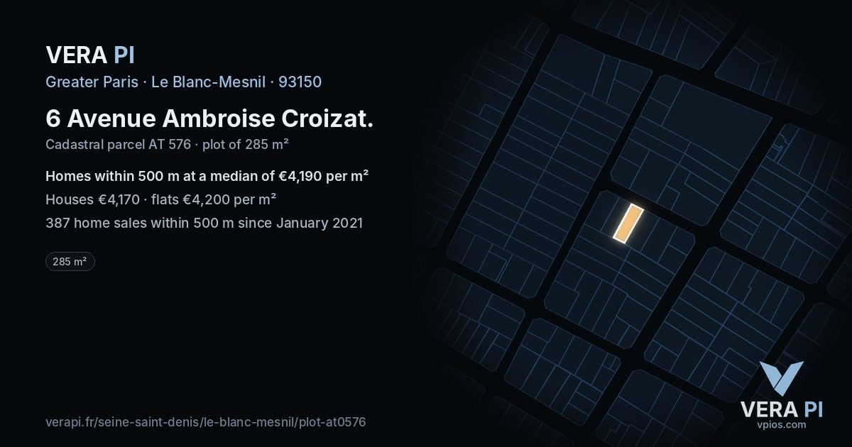 6 Avenue Ambroise Croizat, Le Blanc-Mesnil at night – the plot lit, the parcels around coloured by the prices near them