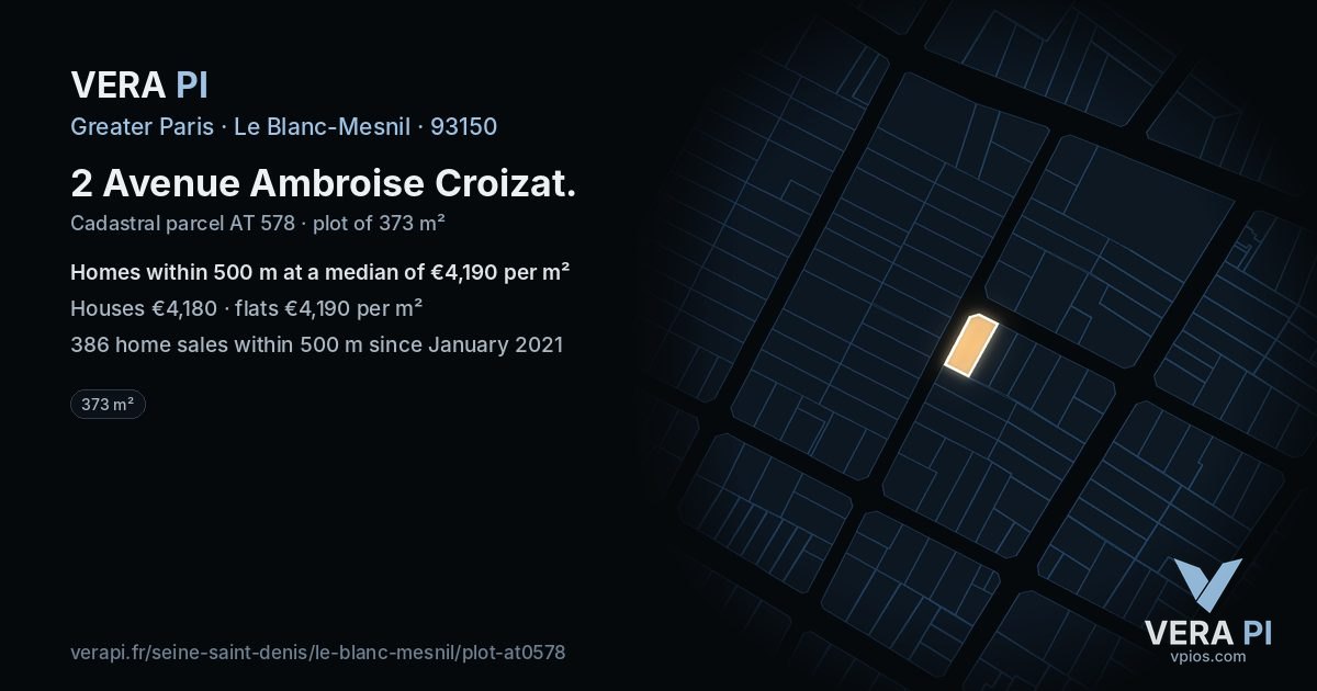 2 Avenue Ambroise Croizat, Le Blanc-Mesnil at night – the plot lit, the parcels around coloured by the prices near them
