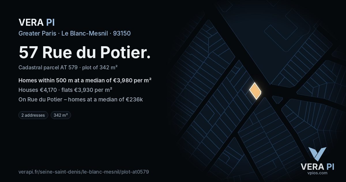 57 Rue du Potier, Le Blanc-Mesnil at night – the plot lit, the parcels around coloured by the prices near them