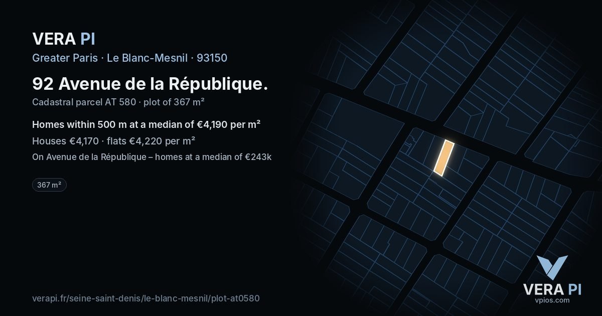92 Avenue de la République, Le Blanc-Mesnil at night – the plot lit, the parcels around coloured by the prices near them