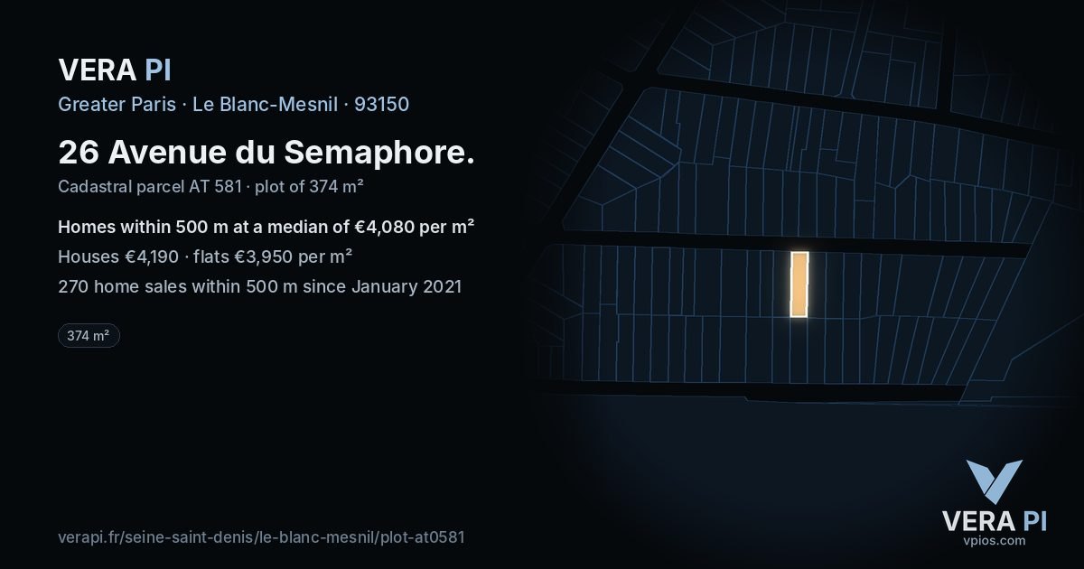26 Avenue du Semaphore, Le Blanc-Mesnil at night – the plot lit, the parcels around coloured by the prices near them