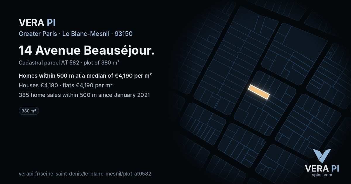 14 Avenue Beauséjour, Le Blanc-Mesnil at night – the plot lit, the parcels around coloured by the prices near them