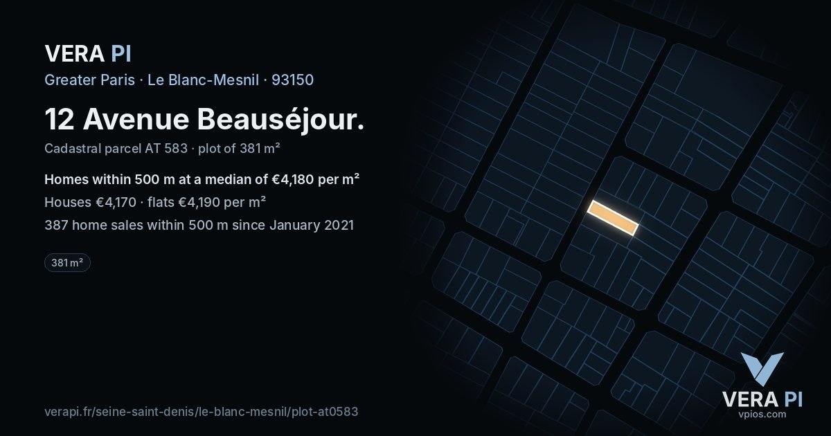 12 Avenue Beauséjour, Le Blanc-Mesnil at night – the plot lit, the parcels around coloured by the prices near them