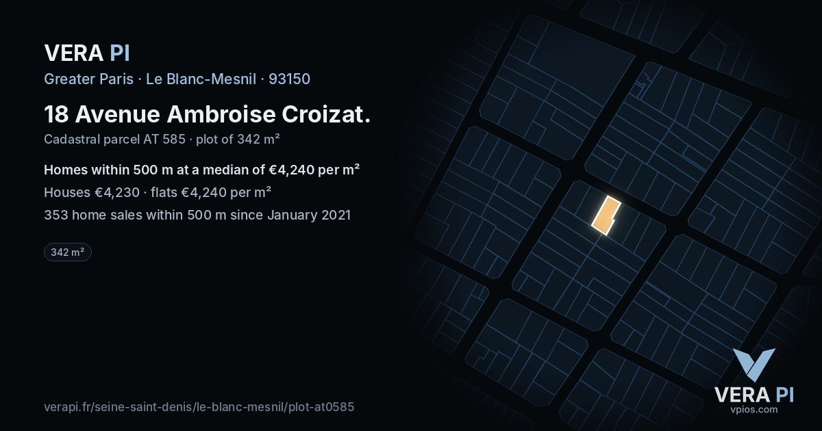 18 Avenue Ambroise Croizat, Le Blanc-Mesnil at night – the plot lit, the parcels around coloured by the prices near them