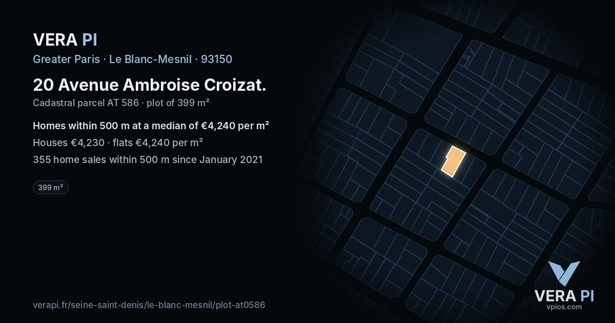 20 Avenue Ambroise Croizat, Le Blanc-Mesnil at night – the plot lit, the parcels around coloured by the prices near them
