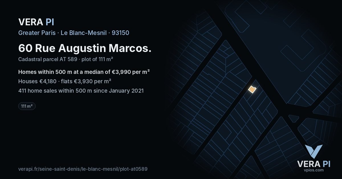 60 Rue Augustin Marcos, Le Blanc-Mesnil at night – the plot lit, the parcels around coloured by the prices near them
