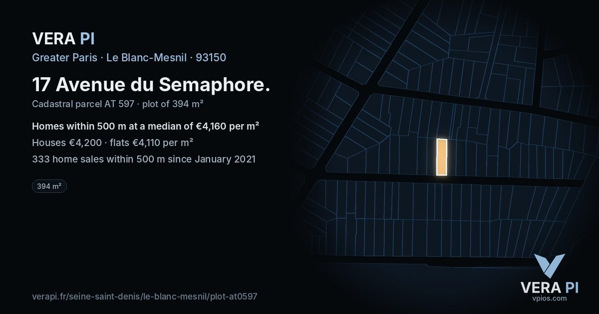 17 Avenue du Semaphore, Le Blanc-Mesnil at night – the plot lit, the parcels around coloured by the prices near them