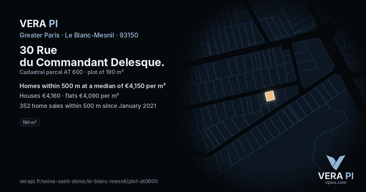 30 Rue du Commandant Delesque, Le Blanc-Mesnil at night – the plot lit, the parcels around coloured by the prices near them