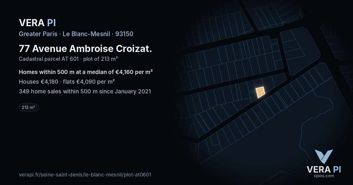 77 Avenue Ambroise Croizat, Le Blanc-Mesnil at night – the plot lit, the parcels around coloured by the prices near them