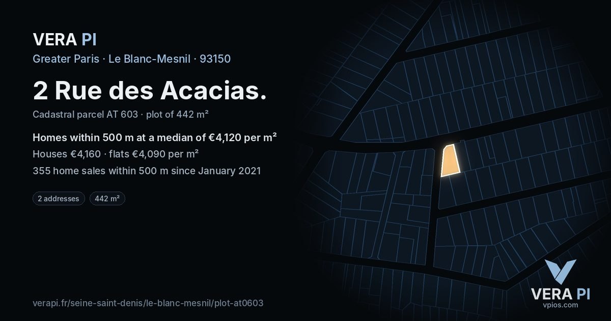 2 Rue des Acacias, Le Blanc-Mesnil at night – the plot lit, the parcels around coloured by the prices near them