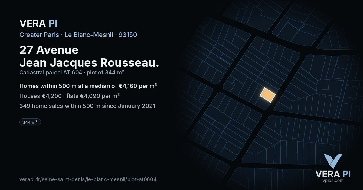 27 Avenue Jean Jacques Rousseau, Le Blanc-Mesnil at night – the plot lit, the parcels around coloured by the prices near them