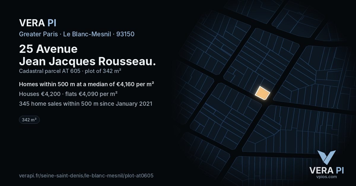 25 Avenue Jean Jacques Rousseau, Le Blanc-Mesnil at night – the plot lit, the parcels around coloured by the prices near them