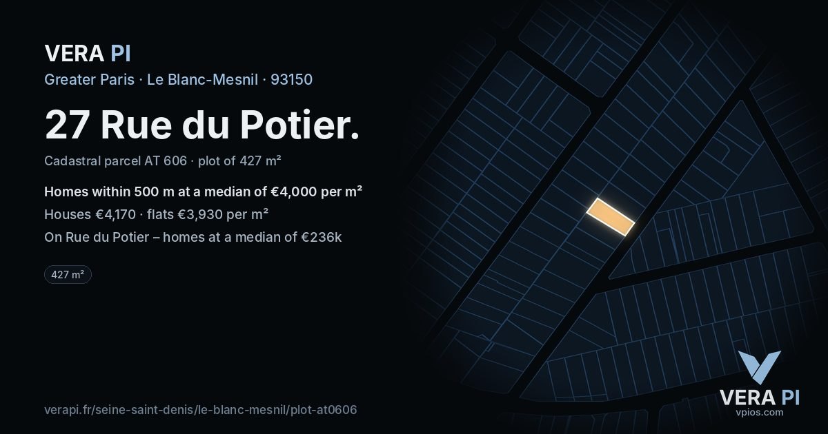 27 Rue du Potier, Le Blanc-Mesnil at night – the plot lit, the parcels around coloured by the prices near them