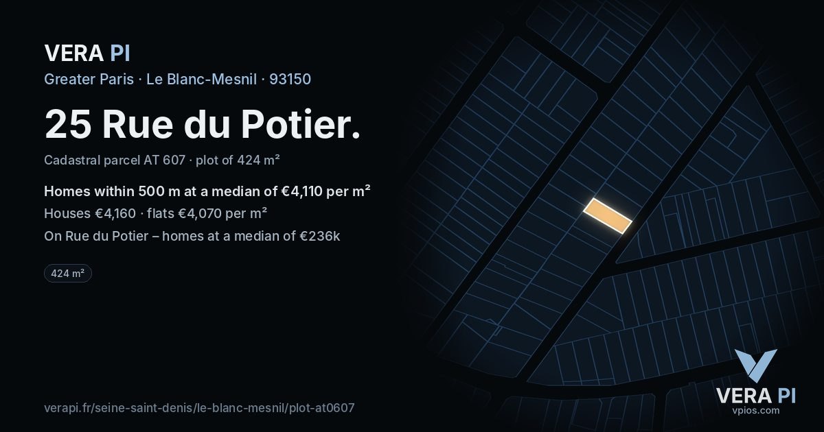 25 Rue du Potier, Le Blanc-Mesnil at night – the plot lit, the parcels around coloured by the prices near them