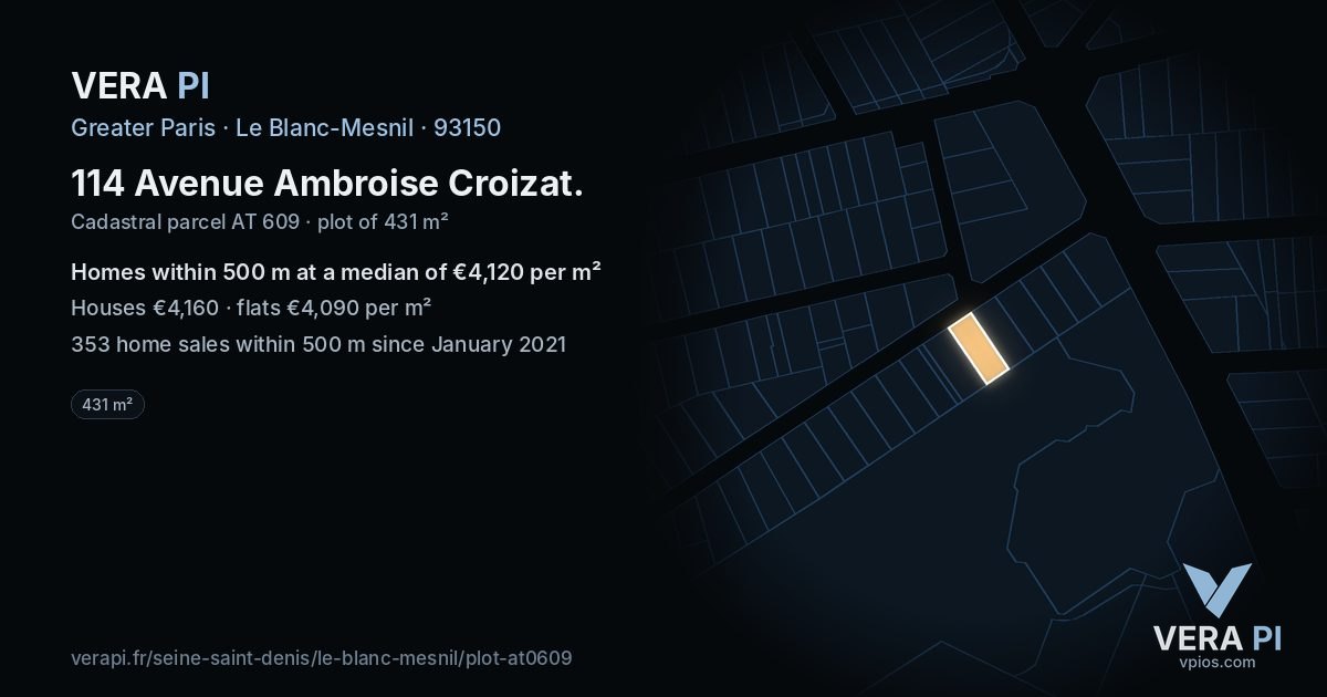 114 Avenue Ambroise Croizat, Le Blanc-Mesnil at night – the plot lit, the parcels around coloured by the prices near them