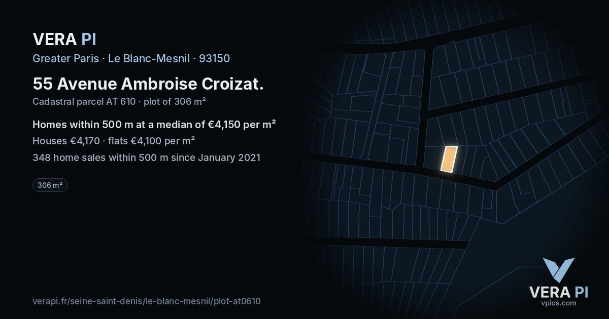 55 Avenue Ambroise Croizat, Le Blanc-Mesnil at night – the plot lit, the parcels around coloured by the prices near them