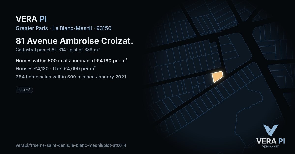 81 Avenue Ambroise Croizat, Le Blanc-Mesnil at night – the plot lit, the parcels around coloured by the prices near them