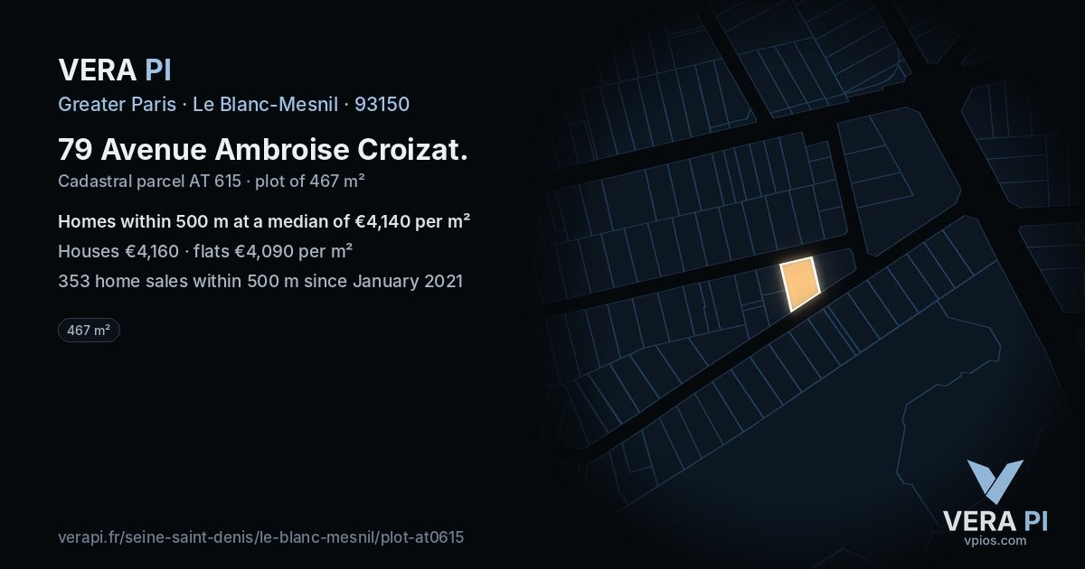 79 Avenue Ambroise Croizat, Le Blanc-Mesnil at night – the plot lit, the parcels around coloured by the prices near them