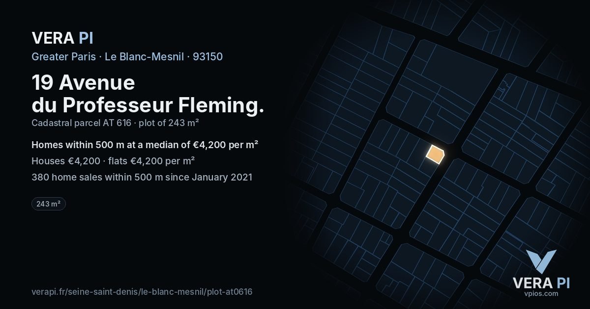 19 Avenue du Professeur Fleming, Le Blanc-Mesnil at night – the plot lit, the parcels around coloured by the prices near them