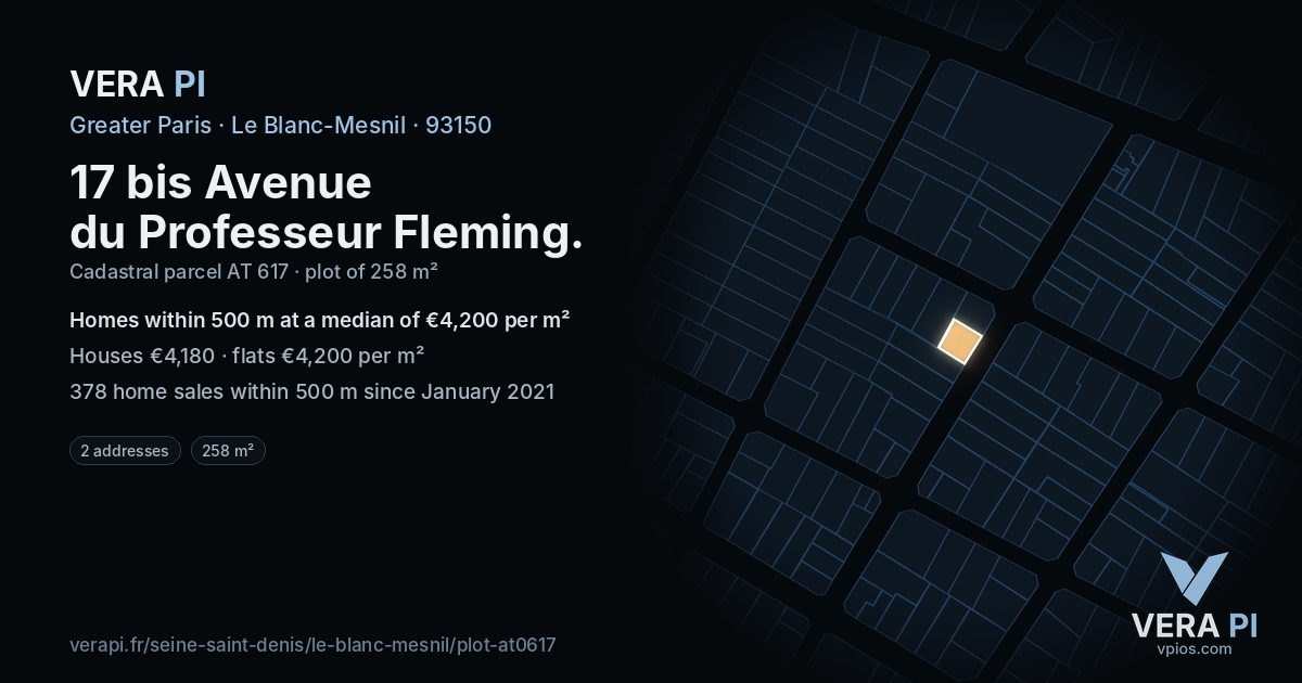 17 bis Avenue du Professeur Fleming, Le Blanc-Mesnil at night – the plot lit, the parcels around coloured by the prices near them