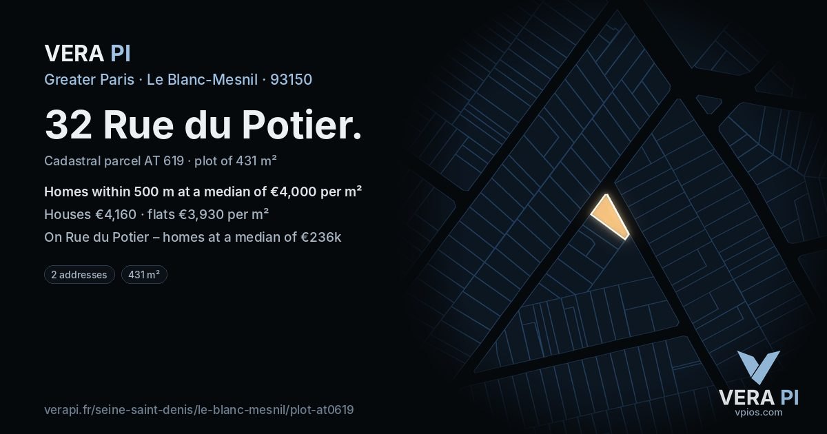 32 Rue du Potier, Le Blanc-Mesnil at night – the plot lit, the parcels around coloured by the prices near them