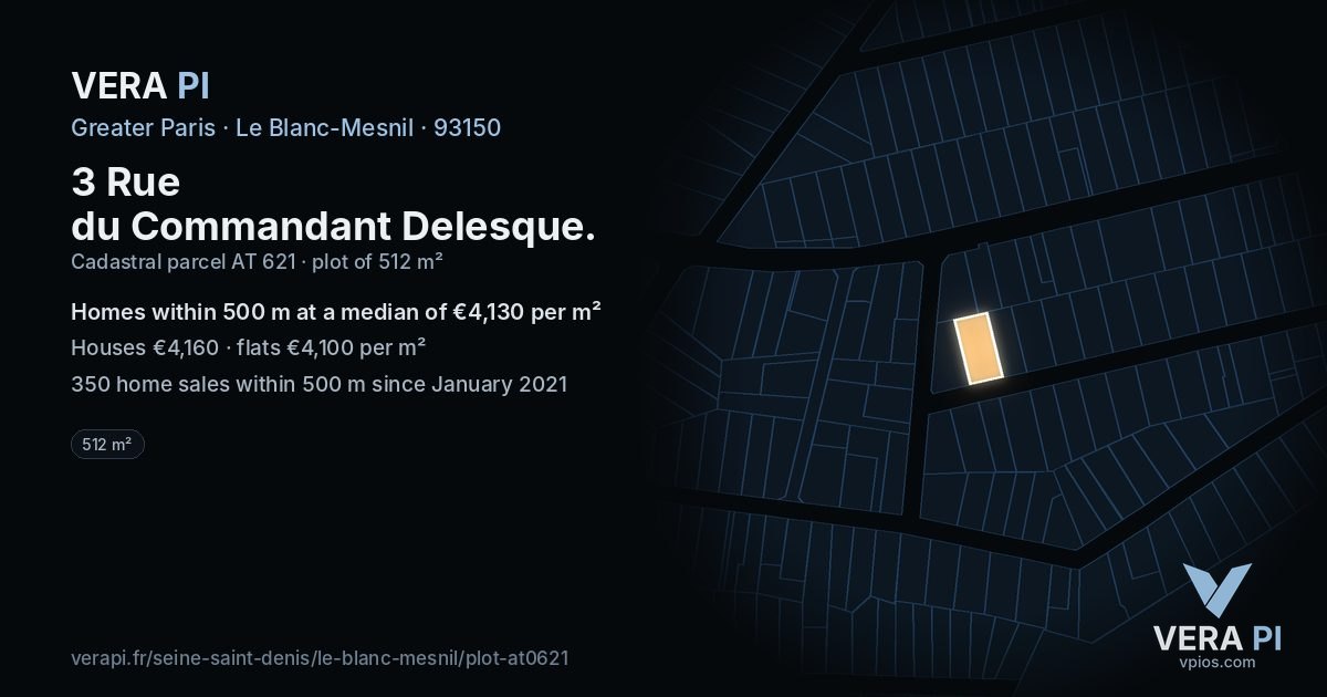 3 Rue du Commandant Delesque, Le Blanc-Mesnil at night – the plot lit, the parcels around coloured by the prices near them
