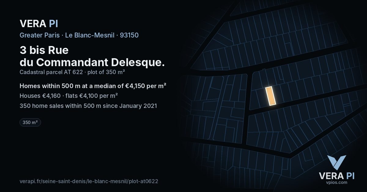 3 bis Rue du Commandant Delesque, Le Blanc-Mesnil at night – the plot lit, the parcels around coloured by the prices near them