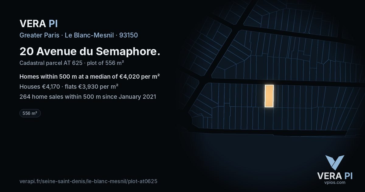 20 Avenue du Semaphore, Le Blanc-Mesnil at night – the plot lit, the parcels around coloured by the prices near them