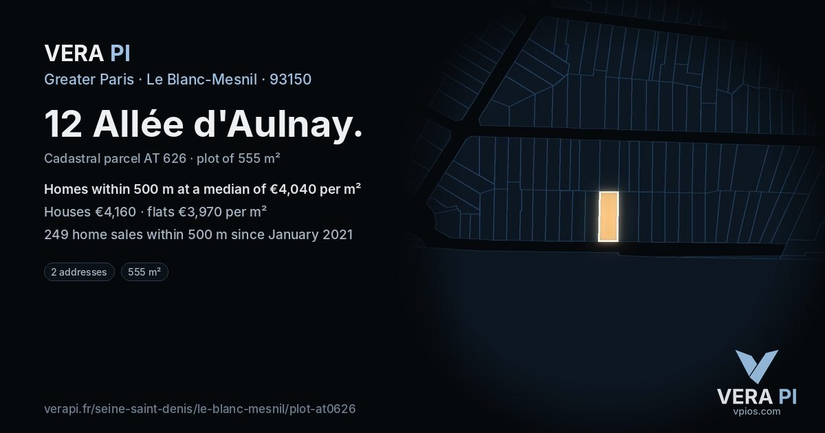 12 Allée d'Aulnay, Le Blanc-Mesnil at night – the plot lit, the parcels around coloured by the prices near them