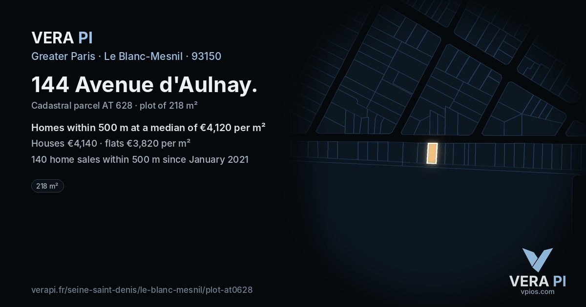 144 Avenue d'Aulnay, Le Blanc-Mesnil at night – the plot lit, the parcels around coloured by the prices near them