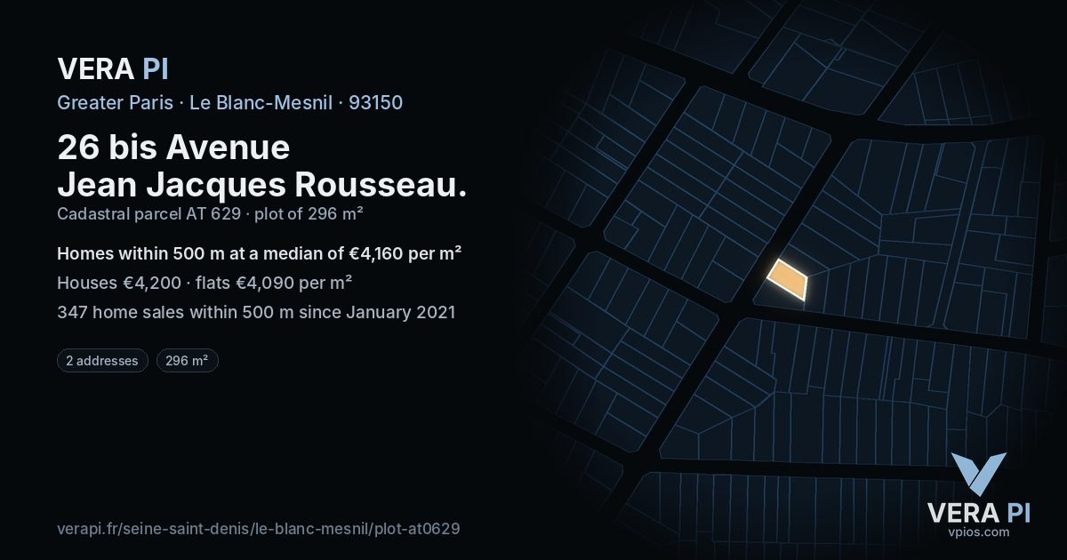 26 bis Avenue Jean Jacques Rousseau, Le Blanc-Mesnil at night – the plot lit, the parcels around coloured by the prices near them