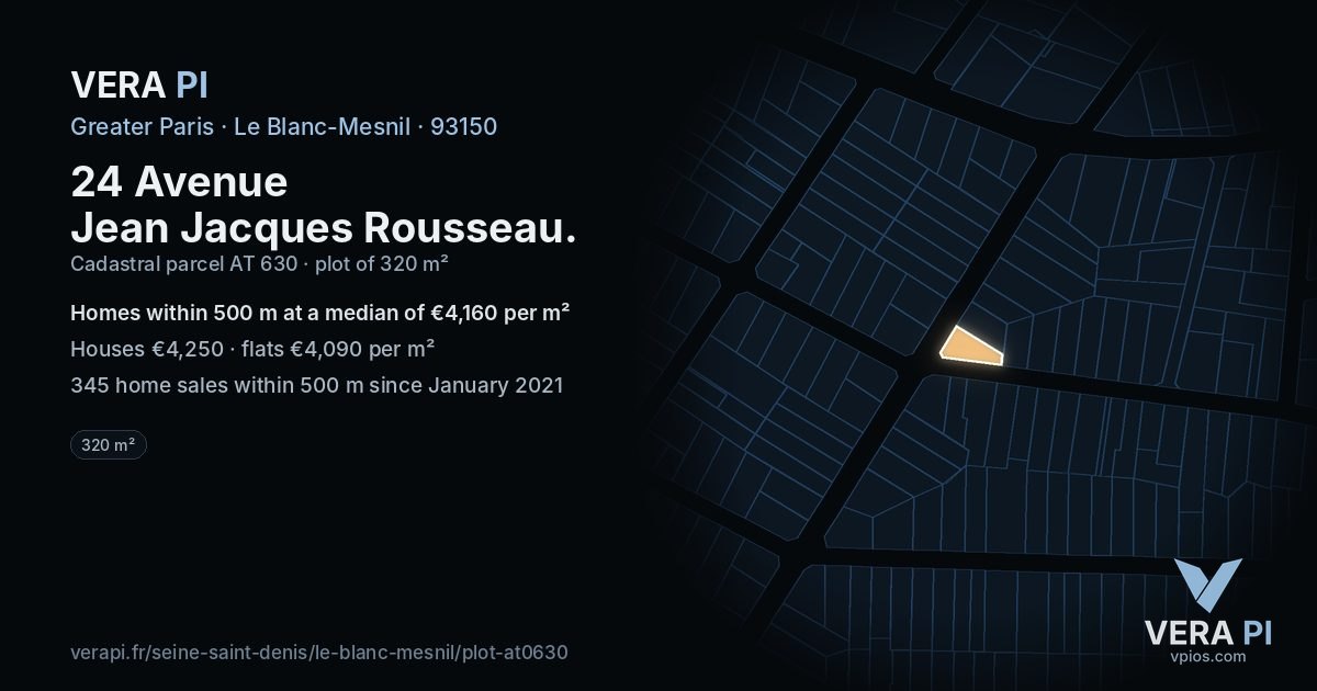 24 Avenue Jean Jacques Rousseau, Le Blanc-Mesnil at night – the plot lit, the parcels around coloured by the prices near them