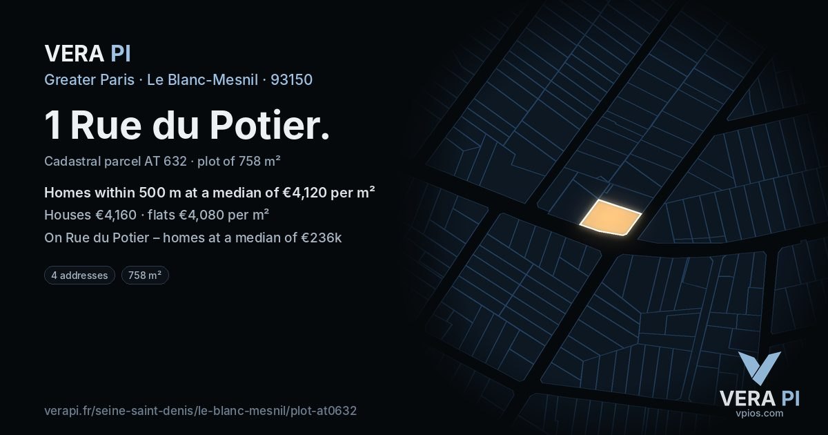1 Rue du Potier, Le Blanc-Mesnil at night – the plot lit, the parcels around coloured by the prices near them