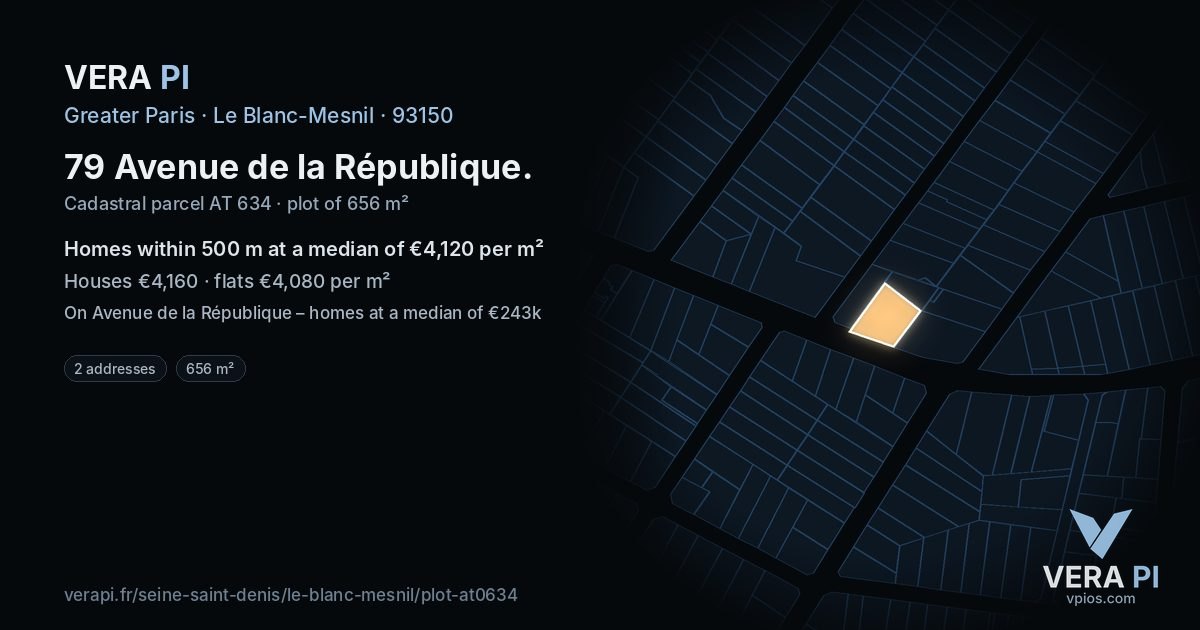 79 Avenue de la République, Le Blanc-Mesnil at night – the plot lit, the parcels around coloured by the prices near them