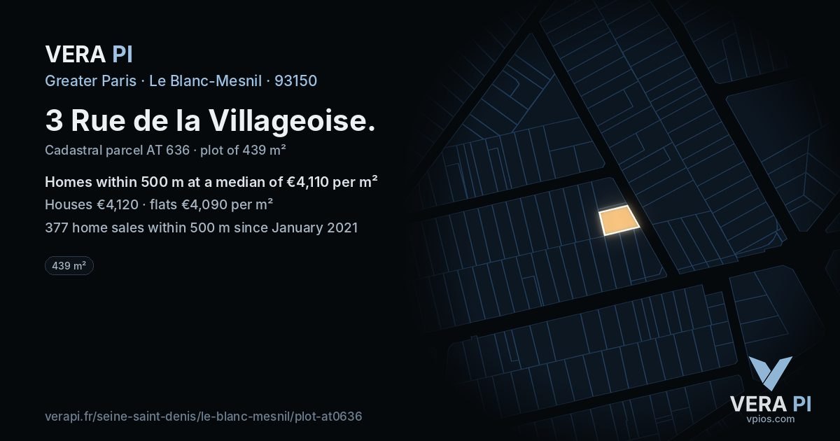 3 Rue de la Villageoise, Le Blanc-Mesnil at night – the plot lit, the parcels around coloured by the prices near them