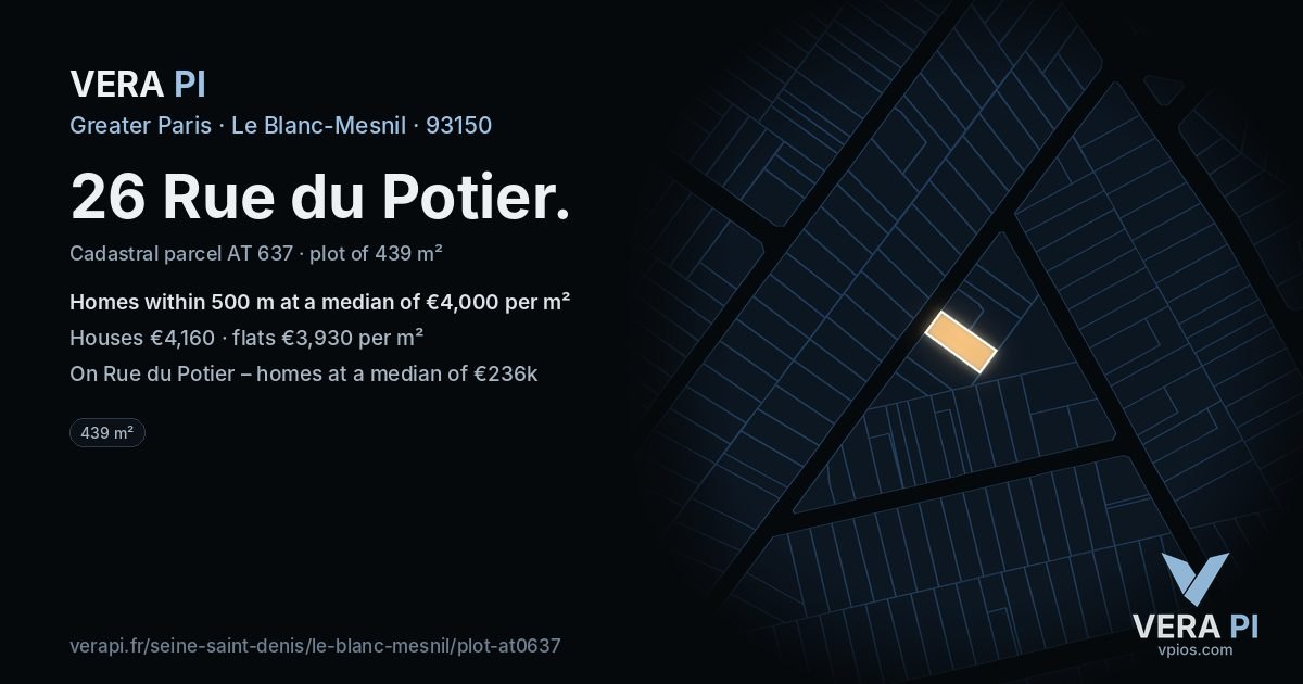 26 Rue du Potier, Le Blanc-Mesnil at night – the plot lit, the parcels around coloured by the prices near them