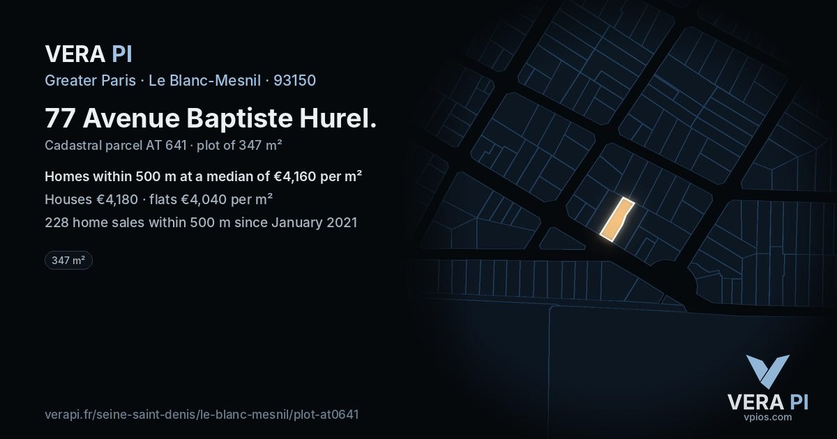 77 Avenue Baptiste Hurel, Le Blanc-Mesnil at night – the plot lit, the parcels around coloured by the prices near them