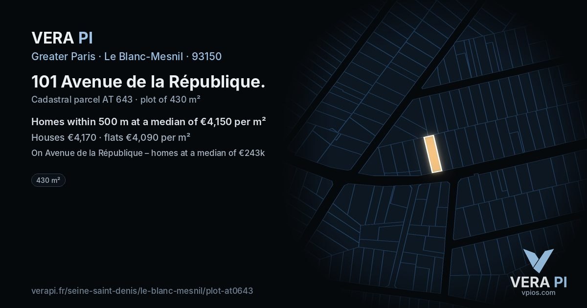 101 Avenue de la République, Le Blanc-Mesnil at night – the plot lit, the parcels around coloured by the prices near them