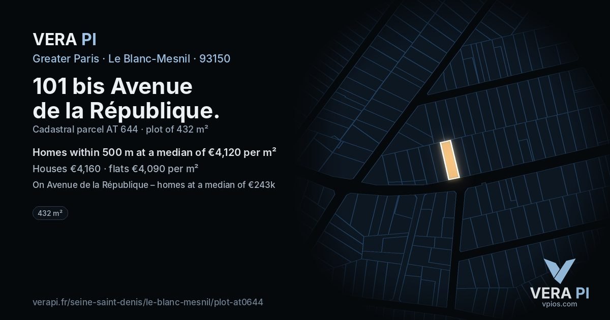 101 bis Avenue de la République, Le Blanc-Mesnil at night – the plot lit, the parcels around coloured by the prices near them