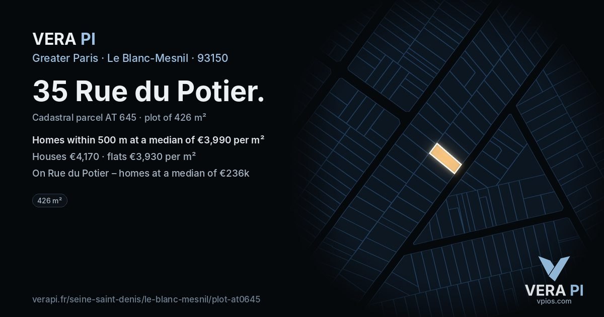 35 Rue du Potier, Le Blanc-Mesnil at night – the plot lit, the parcels around coloured by the prices near them