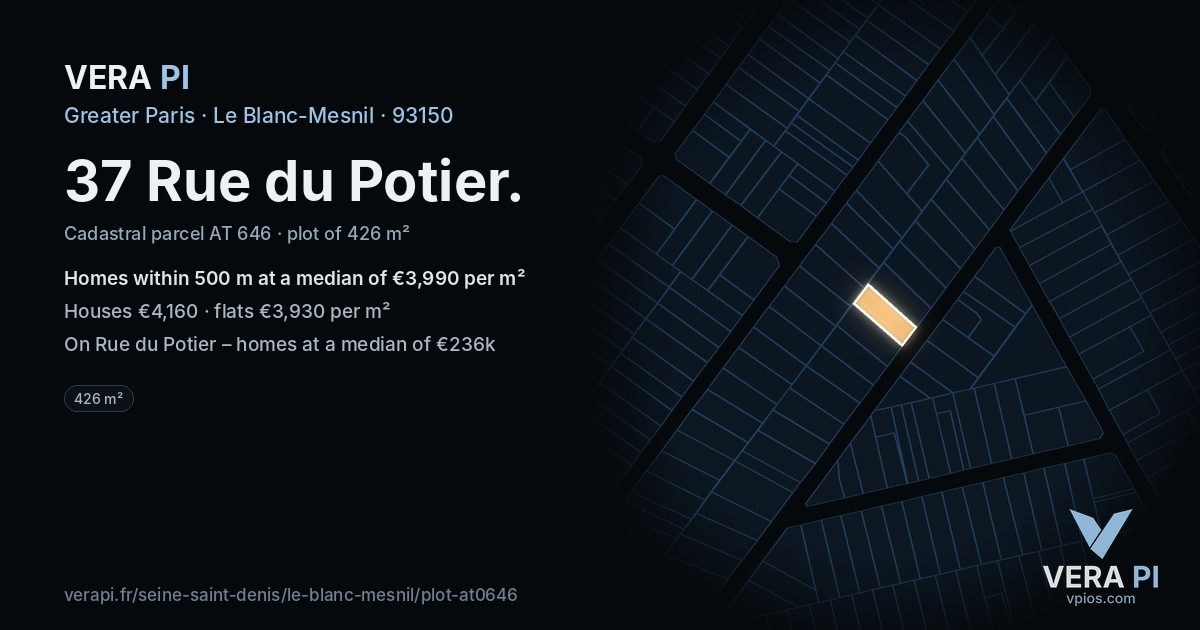 37 Rue du Potier, Le Blanc-Mesnil at night – the plot lit, the parcels around coloured by the prices near them