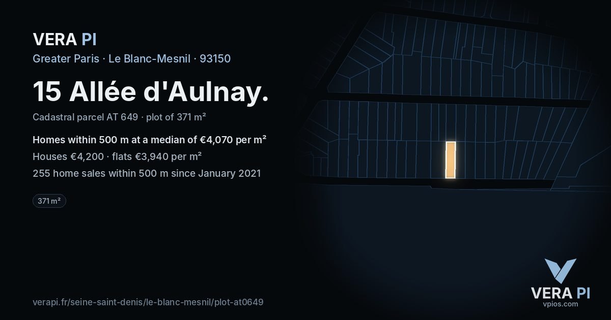 15 Allée d'Aulnay, Le Blanc-Mesnil at night – the plot lit, the parcels around coloured by the prices near them