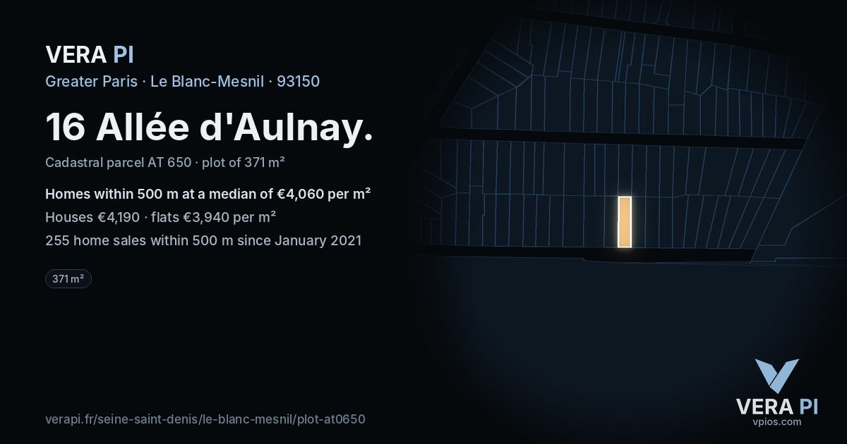 16 Allée d'Aulnay, Le Blanc-Mesnil at night – the plot lit, the parcels around coloured by the prices near them