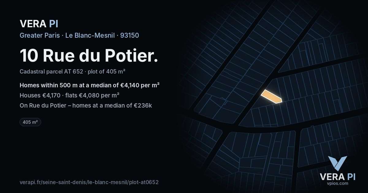 10 Rue du Potier, Le Blanc-Mesnil at night – the plot lit, the parcels around coloured by the prices near them
