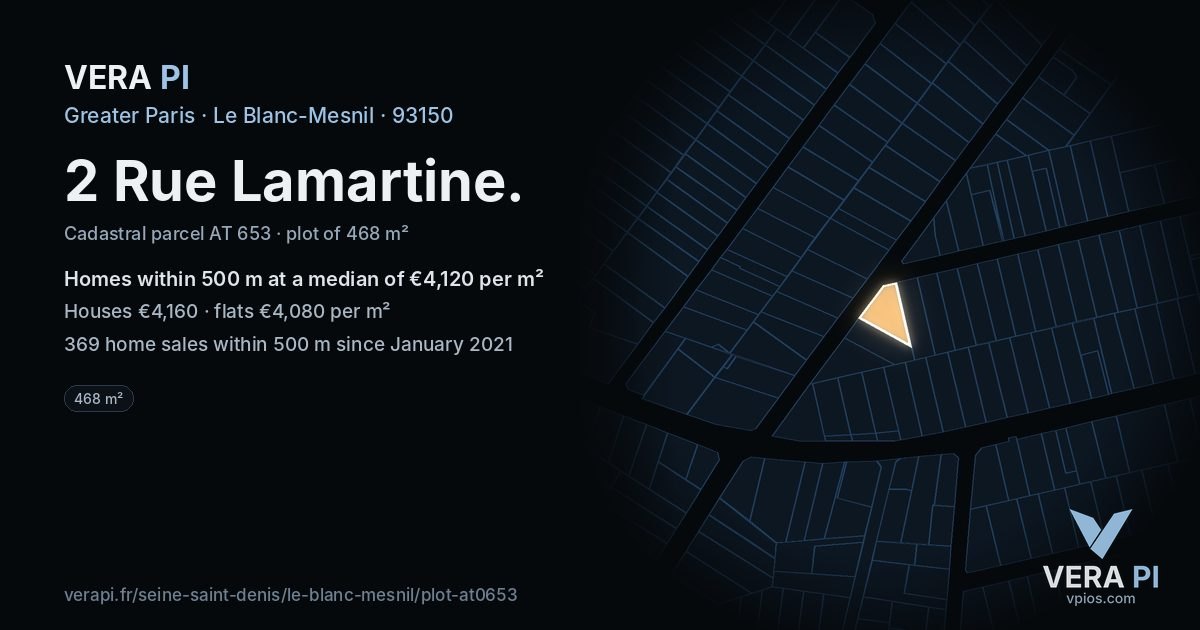 2 Rue Lamartine, Le Blanc-Mesnil at night – the plot lit, the parcels around coloured by the prices near them