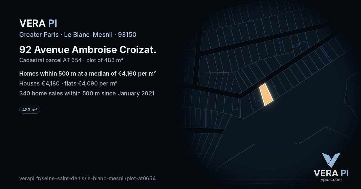 92 Avenue Ambroise Croizat, Le Blanc-Mesnil at night – the plot lit, the parcels around coloured by the prices near them